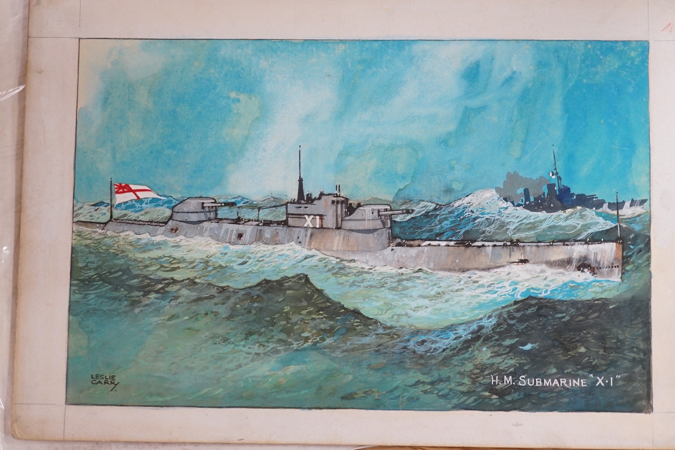Leslie Carr (1891-1961), two watercolours with gouache, vintage postcard designs of Naval ships 'HMS Hermes' and 'Submarine XI', signed, 22 x 32cm, unframed